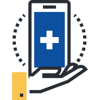 icon of cell phone in palm of hand with medical icon